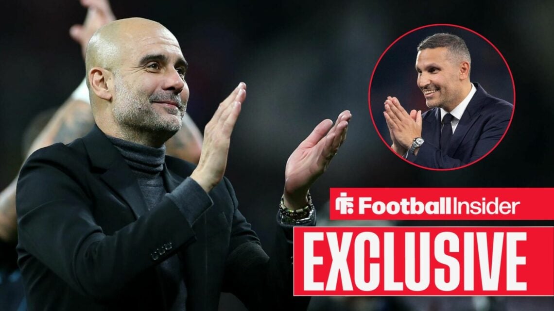 Pep Guardiola applauds in the direction of Khaldoon Al-Mubarak in a circular inset