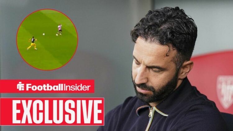 Ruben Amorim looks distraught as Igor Thiago breaks away from Harry Maguire in a circular inset