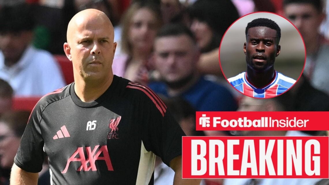 Arne Slot stands on the Anfield touchline, Marc Guehi in a circular inset