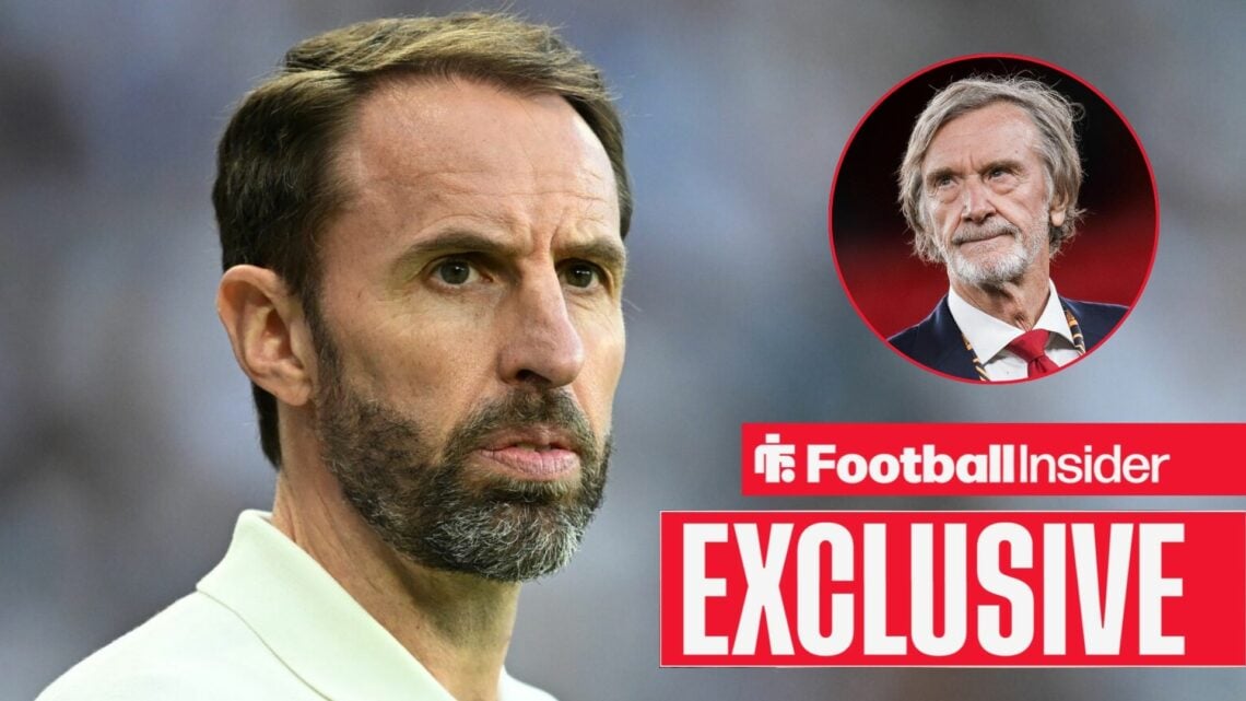 Gareth Southgate looks across at Jim Ratcliffe in a circular inset