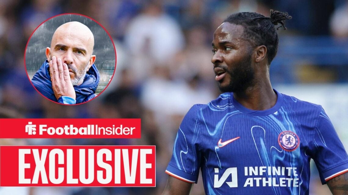 Raheem Sterling looks on at Chelsea manager Enzo Maresca in a circular inset