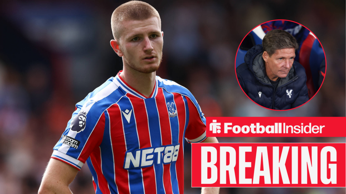 Adam Wharton in action for Crystal Palace with Oliver Glasner sat in the dugout in a circular inset.