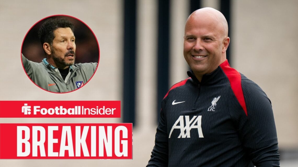 Arne Slot smiling, Diego Simeone in a circular inset