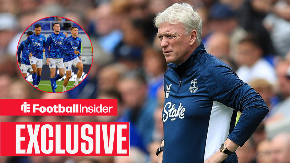 David Moyes watching on from the touchline with Michael Keane, Vitalii Mykolenko and Dwight McNeil warming up for Everton in a circular inset.