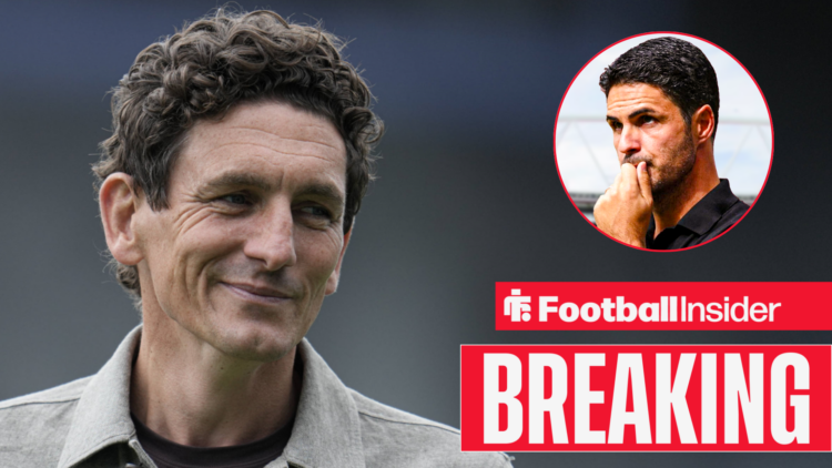 Brentford manager Keith Andrews smirks as Mikel Arteta looks on from a circular inset