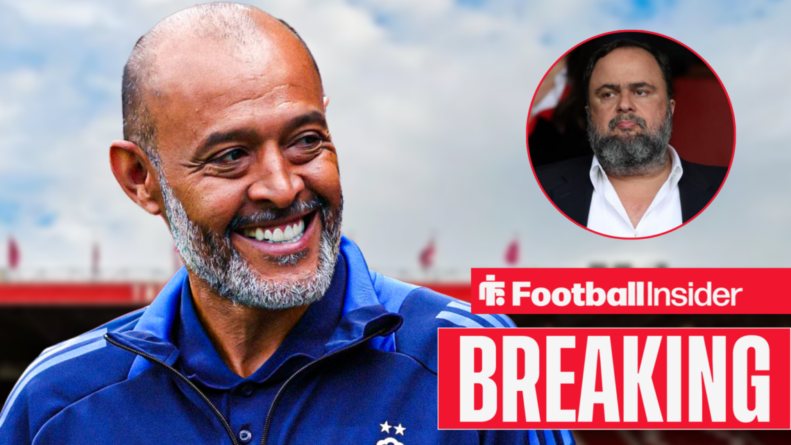 Nuno Espirito Santo grins at Nottingham Forest owner Evangelos Marinakis in a circular inset