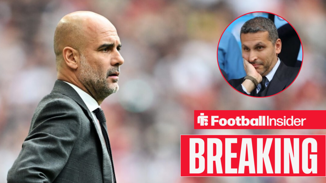 Pep Guardiola on the Etihad touchline, Khaldoon Al-Mubarak grimaces in a circular inset