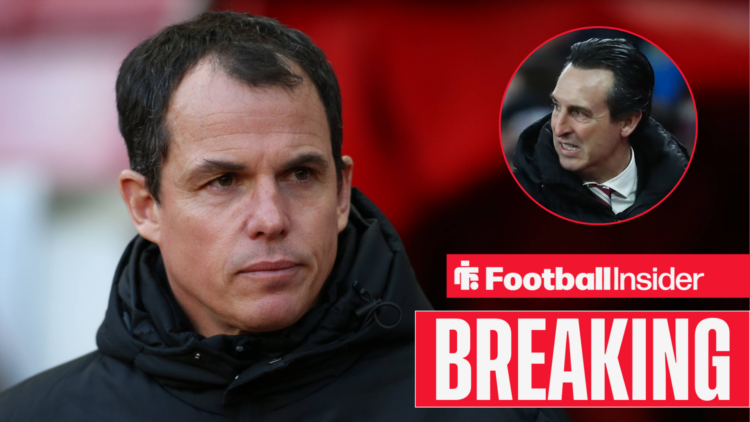 Sunderland manager Regis Le Bris looks across at Aston Villa's Unai Emery in a circular inset