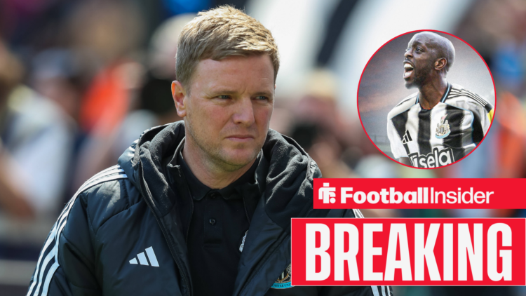 Eddie Howe on the touchline with Yoane Wissa wearing a Newcastle United kit in a circular inset.