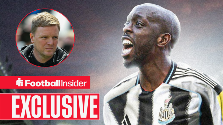 Yoane Wissa in action in a Newcastle kit, Eddie Howe looks on from a circular inset