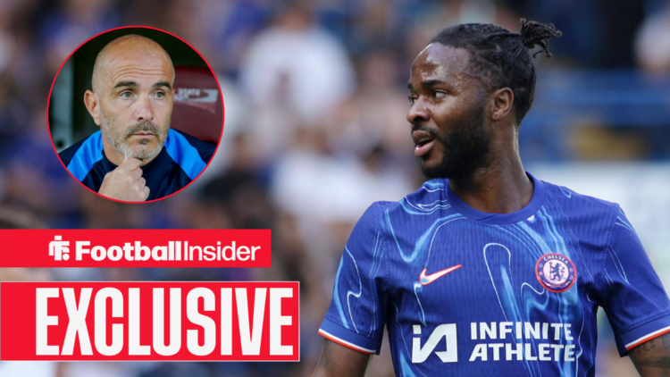 Raheem Sterling looks across at Chelsea manager Enzo Maresca in a circular inset