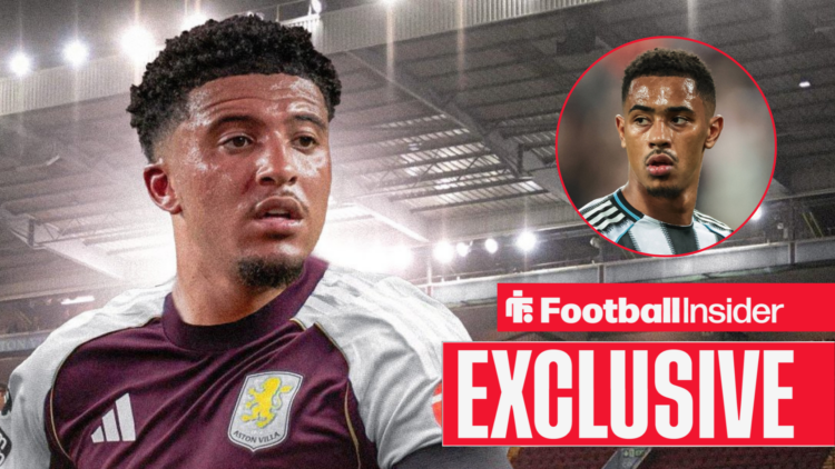 Jadon Sancho in an Aston Villa shirt as Newcastle's Jacob Ramsey looks on from a circular inset