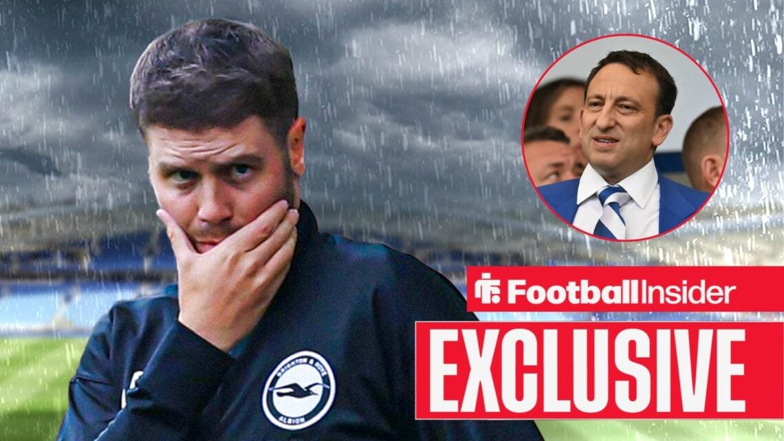 Fabian Hurzeler looks on nervously, Tony Bloom in a circular inset