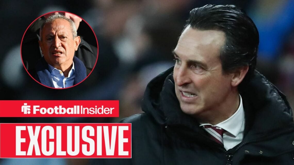 Unai Emery on the Aston Villa touchline, Nassef Sawiris in a circular inset