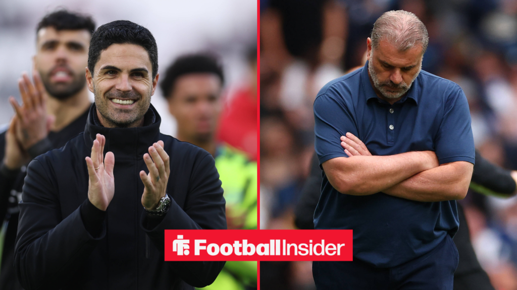 Mikel Arteta clapping side by side with Ange Postecoglou looking dejected.