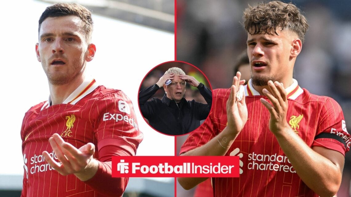 Milos Kerkez applauding Liverpool fans with David Moyes looked shocked in a circular inset.