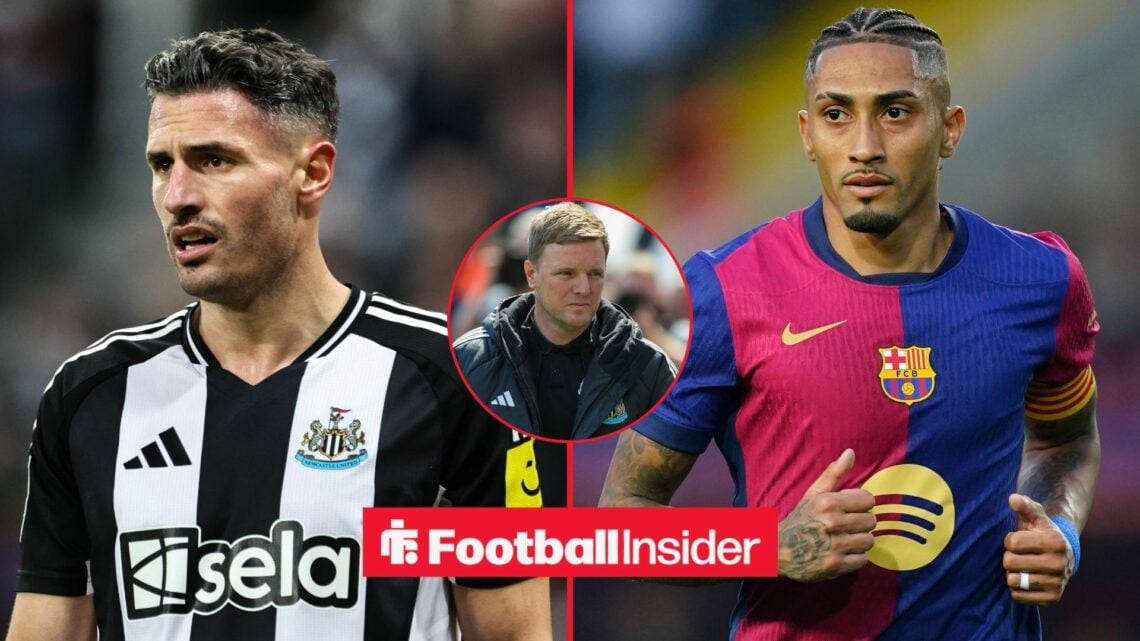 Fabian Schar and Raphinha side-by-side with Eddie Howe in a circular inset in the middle.