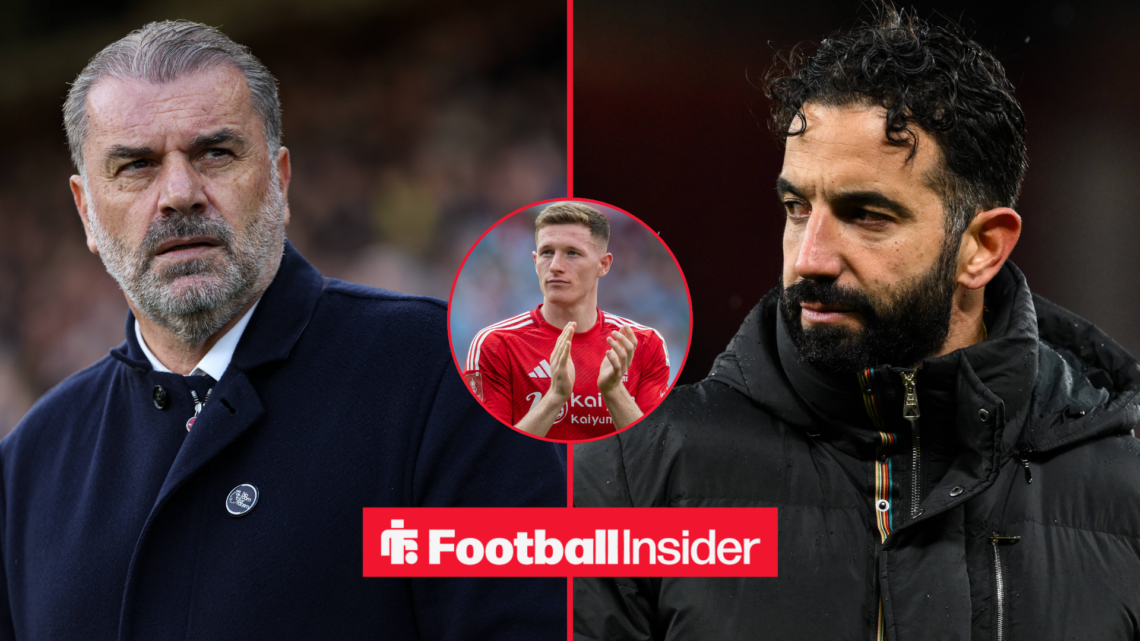 Ange Postecoglou and Ruben Amorim side-by-side with Elliot Anderson in action for Nottingham Forest in a circular inset.