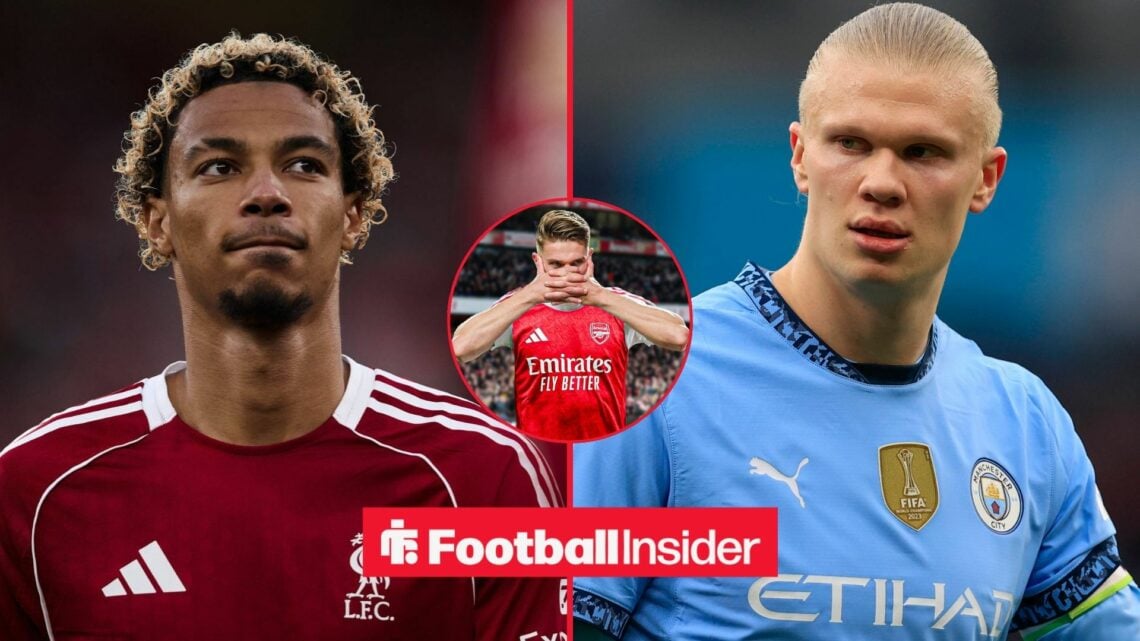 Hugo Ekitike side-by-side with Erling Haaland with Viktor Gyokeres in a circular inset in the centre.