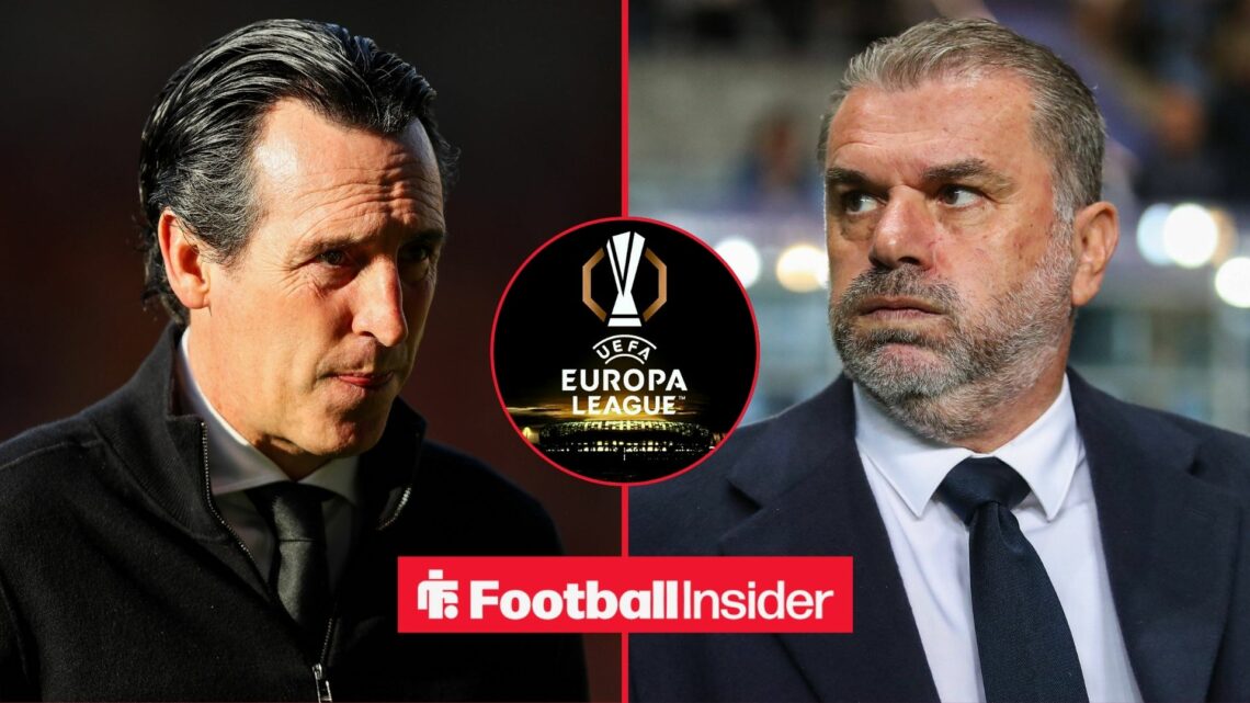 Unai Emery and Ange Postecoglou side by side with the Europa League logo in the centre.
