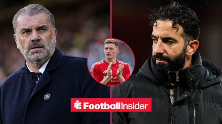 Ange Postecoglou and Ruben Amorim side-by-side with Elliot Anderson in action for Nottingham Forest in a circular inset.
