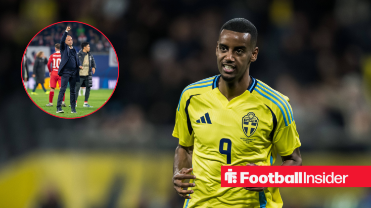 Alexander Isak in a yellow Sweden kit and Arne Slot in a black jacket in a red circle