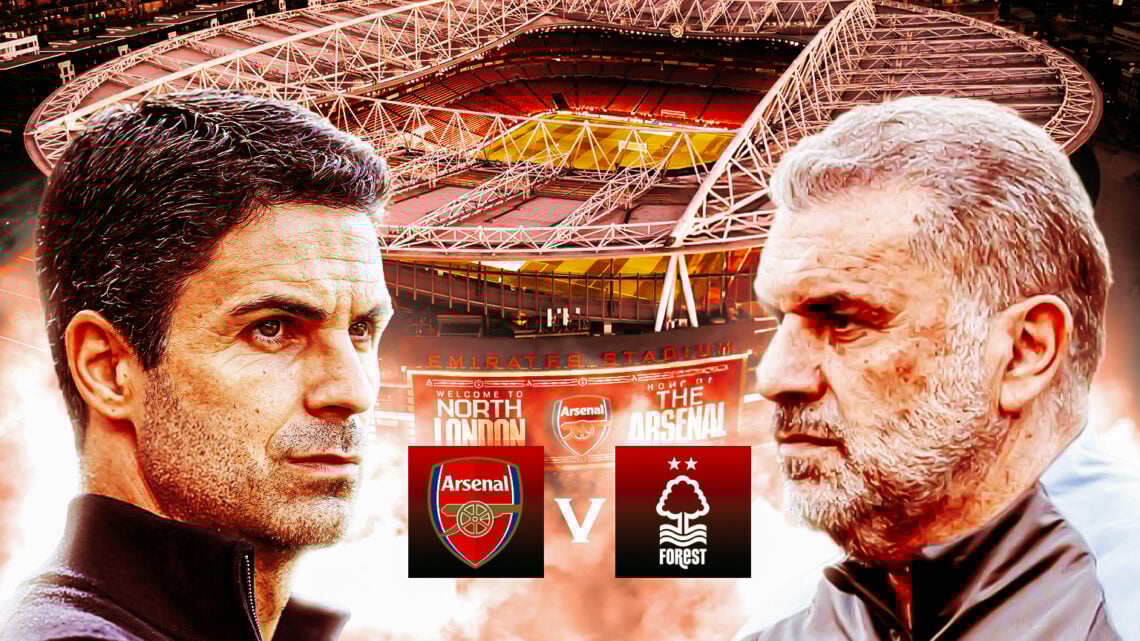 Mikel Arteta facing off against Ange Postecoglou with the Emirates Stadium in the background.