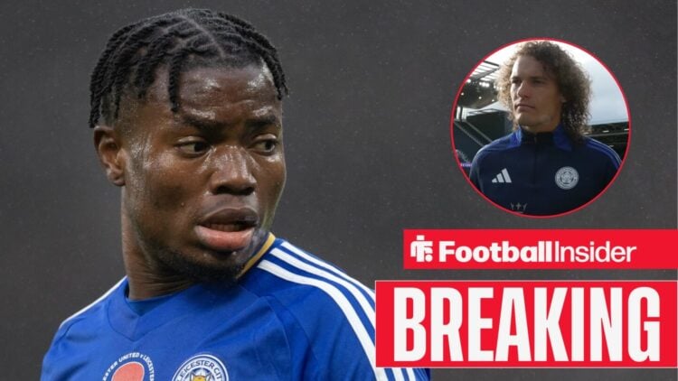 Abdul Fatawu in a Leicester City shirt, Wout Faes in a circular inset