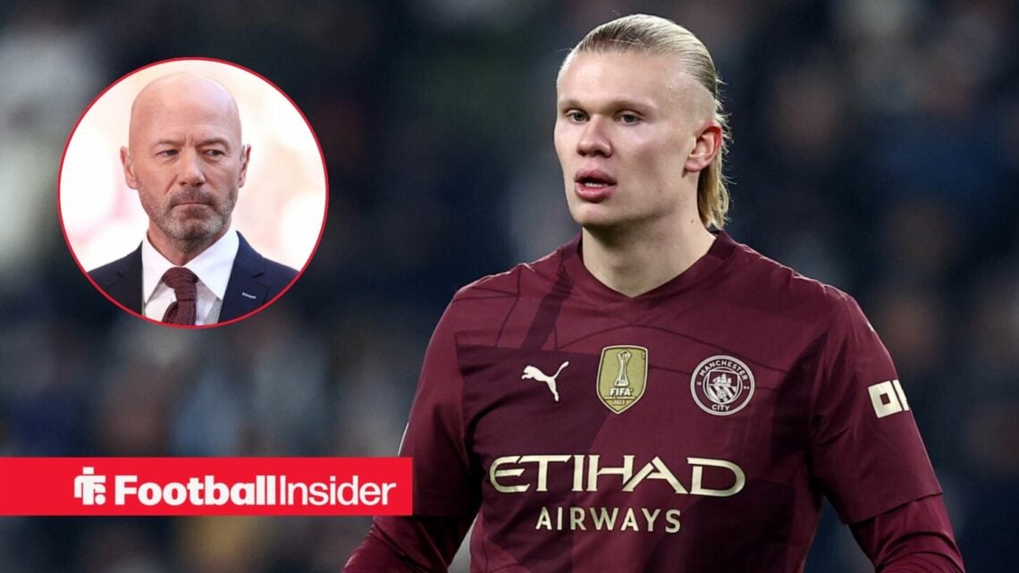 Alan Shearer in a circular frame alongside an image of Erling Haaland in a Man City away shirt