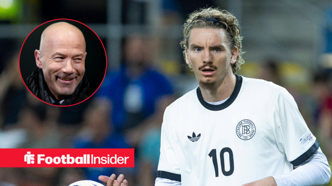 Alan Shearer smiling in a circular frame within an image of Newcastle United's Nick Woltemade in a Germany shirt