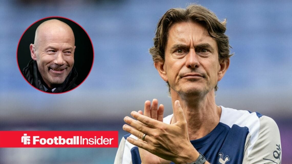 A headshot of Alan Shearer alongside Tottenham boss Thomas Frank