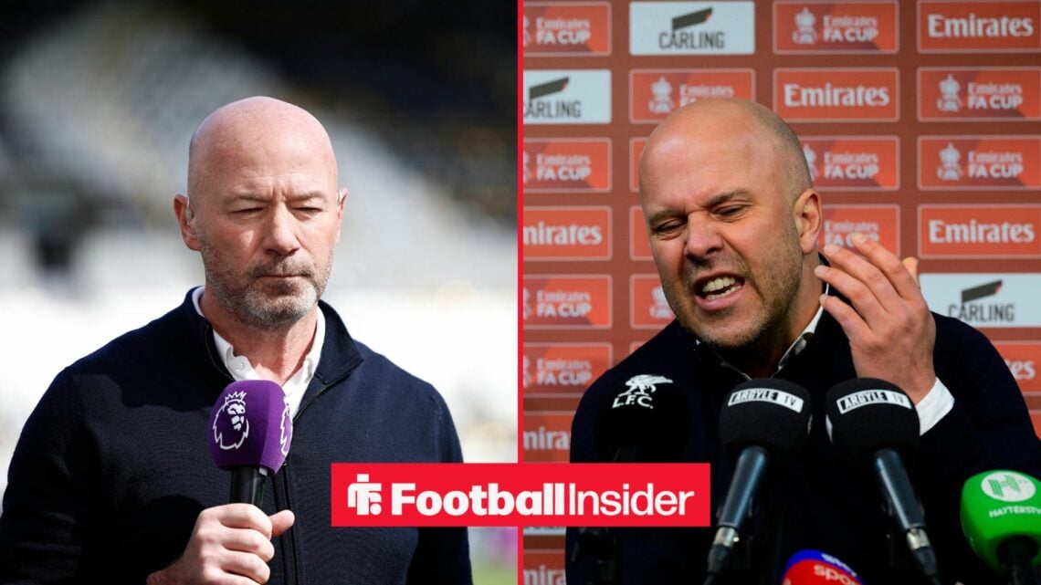 Alan Shearer holding a microphone next to Arne Slot looking angry