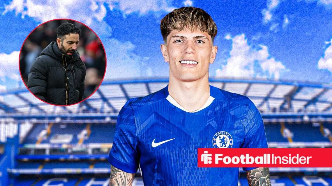 Alejandro Garnacho in a blue Chelsea kit and Ruben Amorim in a black coat in a red circle