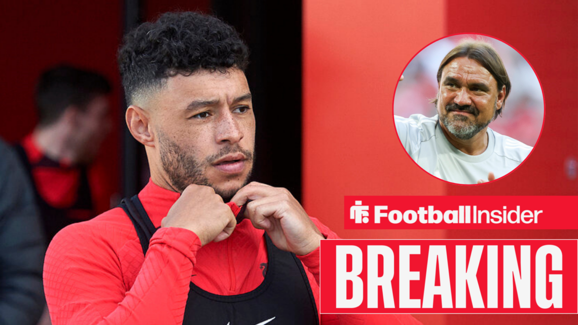Alex Oxlade-Chamberlain in a warm-up for Liverpool, with Leeds boss Daniel Farke in a circular inset