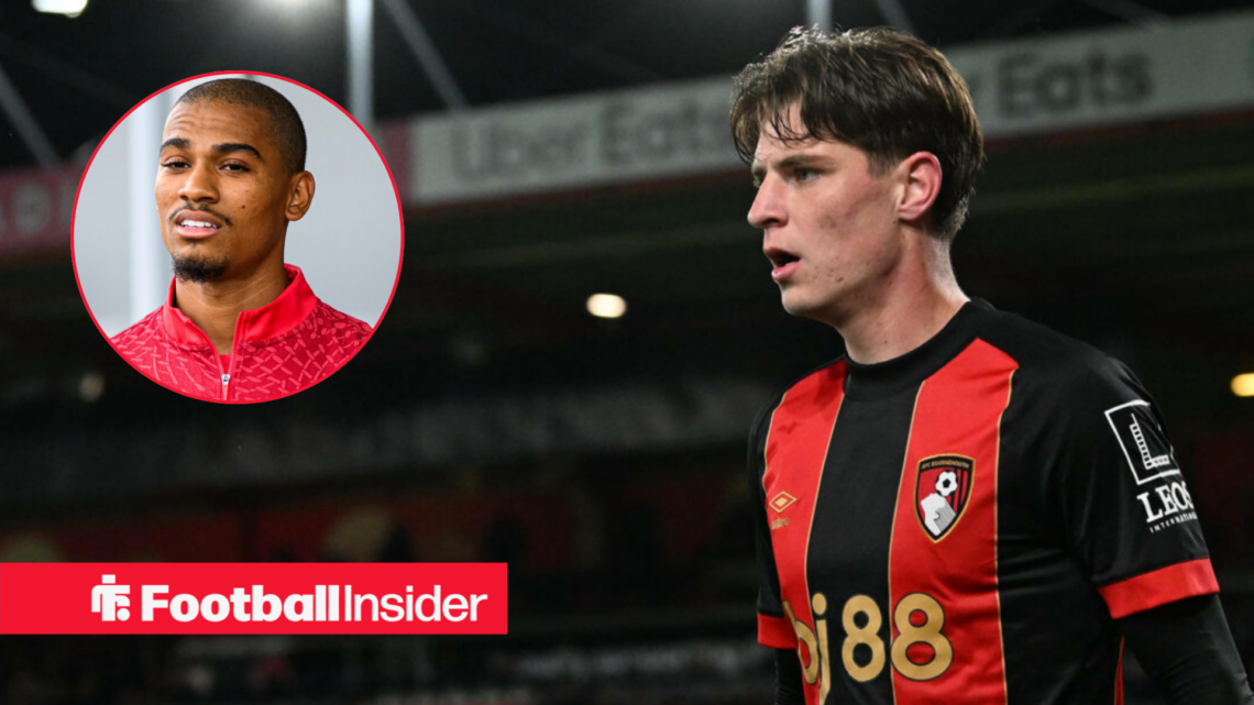 Alex Scott in Bournemouth home shirt with Amine Adli circle inset