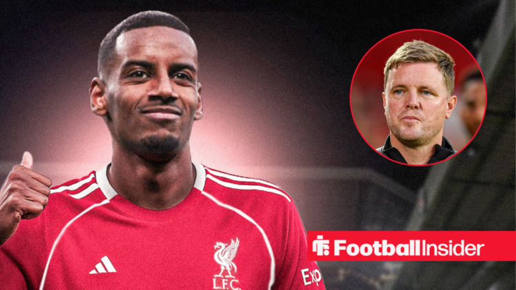 Alexander Isak in a Liverpool shirt against a backdrop of Anfield alongside a circular inset of Newcastle manager Eddie Howe