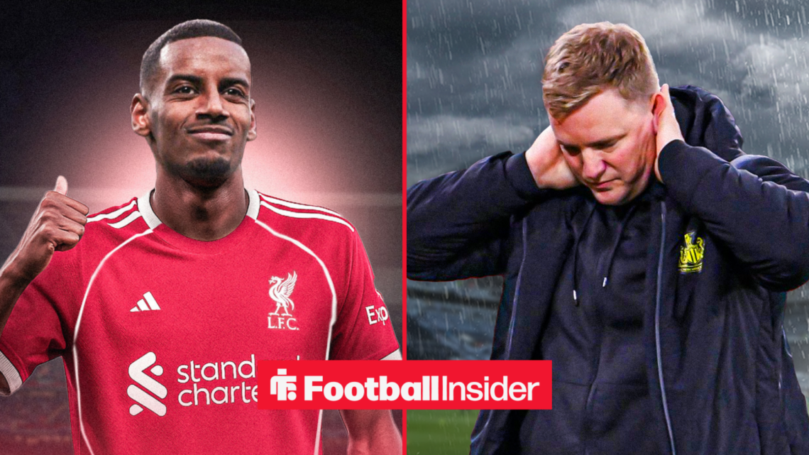 Alexander Isak in a Liverpool shirt alongside an image of Eddie Howe looking disappointed