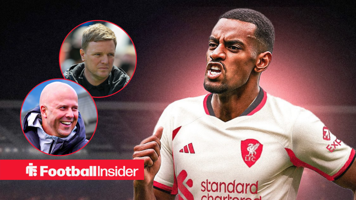 Alexander Isak celebrating in a Liverpool shirt facing Newcastle boss Eddie Howe on sidelines looking concerned and Liverpool boss Arne Slot laughi...