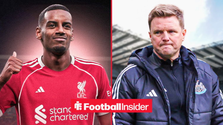 Alexander Isak in a Liverpool shirt alongside Eddie Howe in a Newcastle United training jacket