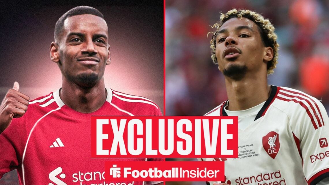 Liverpool's Alexander Isak celebrating left side with teammate Hugo Ekitike looking annoyed right side