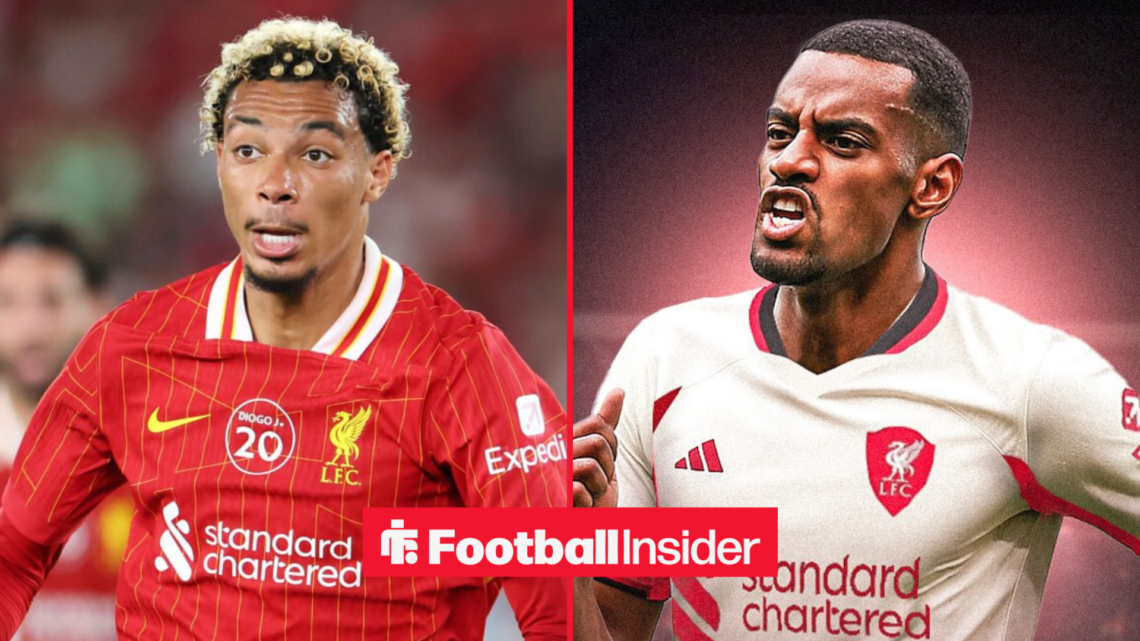 Alexander Isak celebrating in a Liverpool shirt facing Hugo Ekitike in action for Liverpool