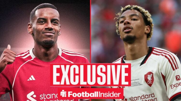 Liverpool's Alexander Isak celebrating left side with teammate Hugo Ekitike looking annoyed right side
