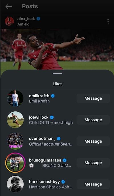 A screenshot of Newcastle players liking Alexander Isak's post