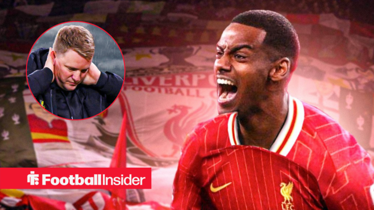 Alexander Isak in Liverpool shirt with sad Eddie Howe inset.