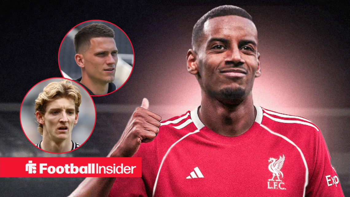 Alexander Isak celebrating in a Liverpool kit with Newcastle's Sven Botman and Anthony Gordon looking at him from two left insets