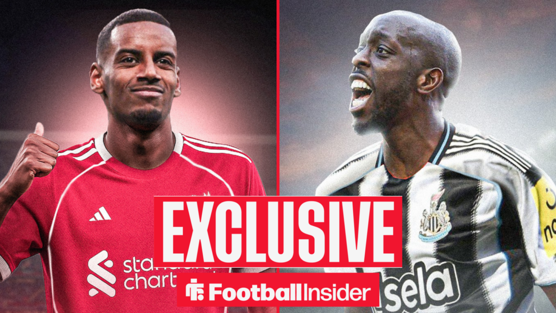 Alexander Isak in a Liverpool kit, Yoane Wissa in a Newcastle United kit