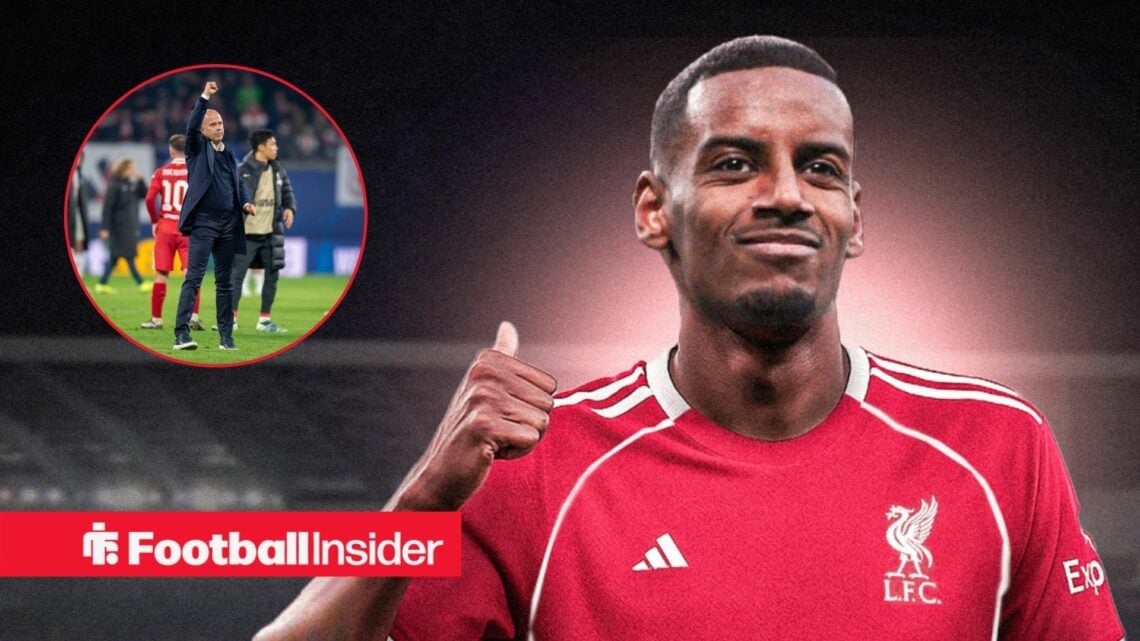 ALexander Isak in a red Liverpool kit pointing and Arne Slot in inset
