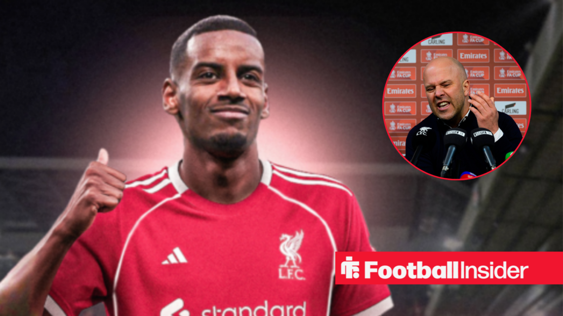 Alexander Isak in a red Liverpool kit and Arne Slot in a black jumper