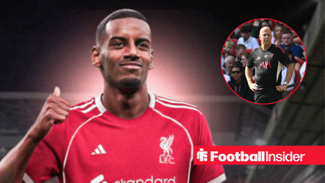 Alexander Isak in a red Liverpool kit and Arne Slot in a black Liverpool top in a red circle