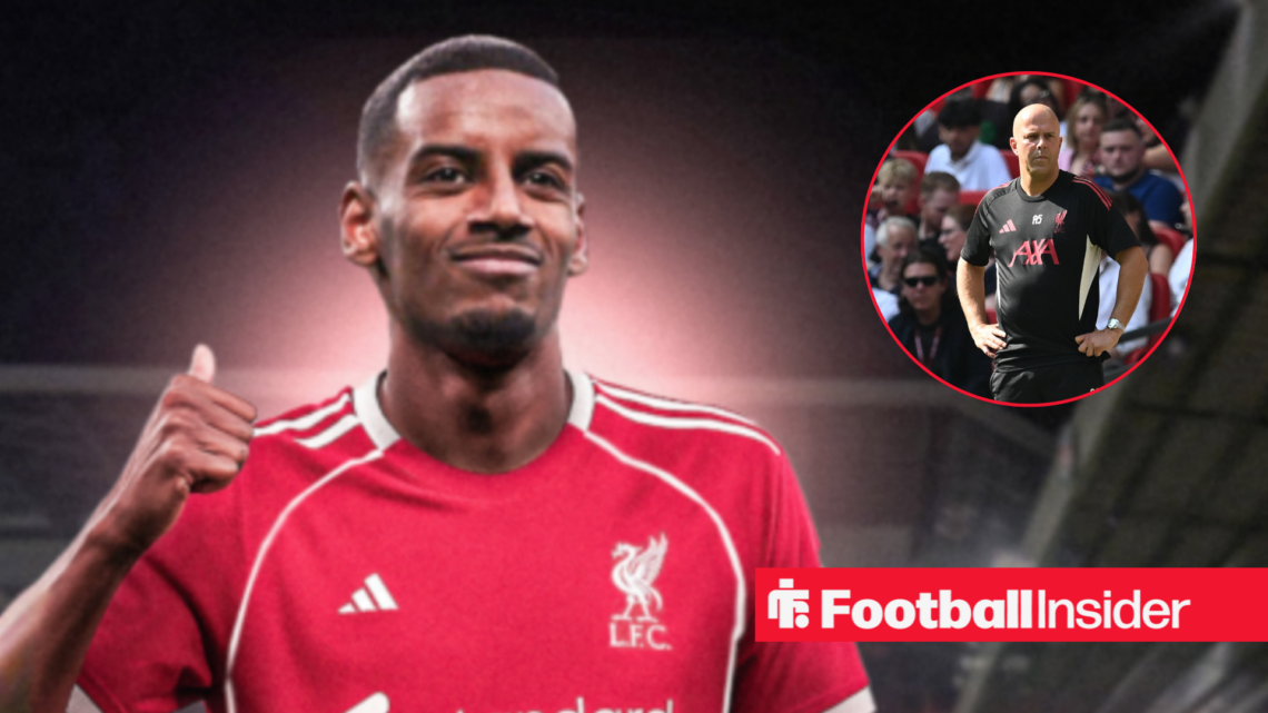 Alexander Isak in a red Liverpool kit and Arne Slot in a black Liverpool top in a red circle
